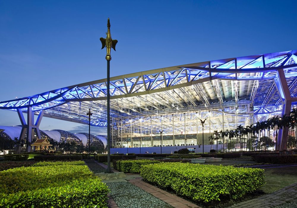 Night scene of the majestic design of Suvarnabhumi Airport, Bangkok, Thailand.